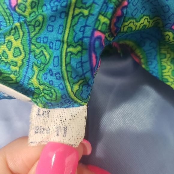 Vintage Sue Brett vibrant paisley dress blue green pink ruffle hem cuff 70s gorg - Picture 14 of 14